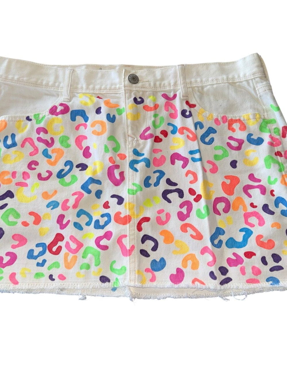 Reworked Upcycled Women’s Denim Mini Skirt Old Navy White Size 6 Cotton Cheetah